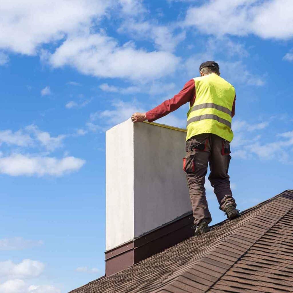 Professional,Workman,Standing,Roof,Top,And,Measuring,Chimney,Of,New Fyringsforbud